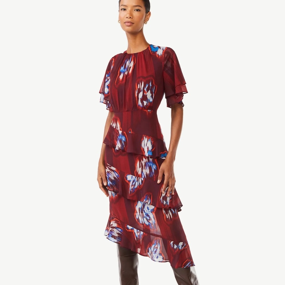 NWT Scoop Tiered Ruffle Midi Maroon Dress with Flutter Sleeves Size XS